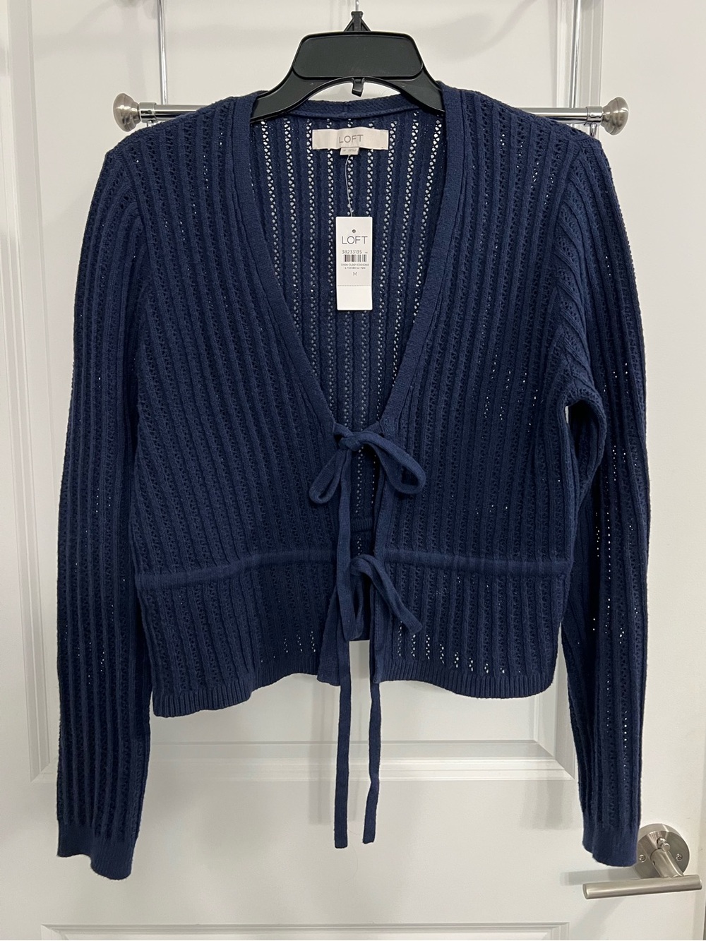 LOFT Navy Open-Knit Tie-Front Cardigan